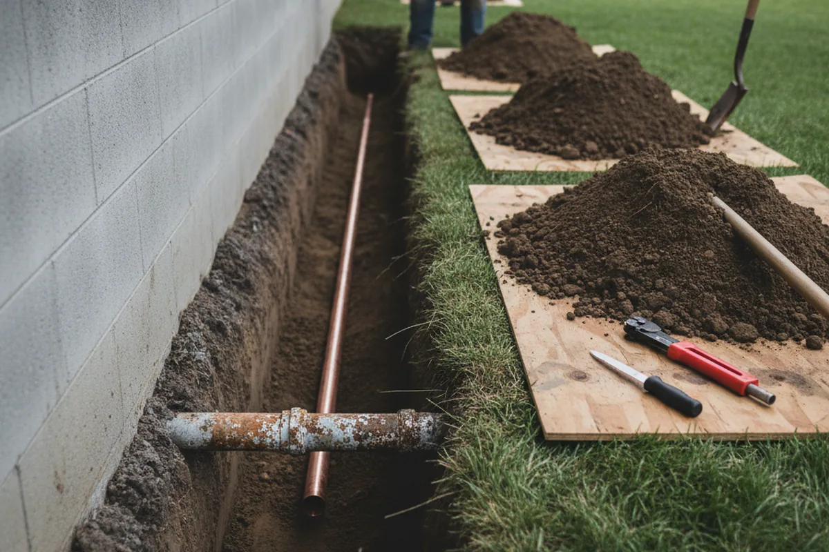 Excavated water line trench during Sewer Line Repair in Apollo Beach